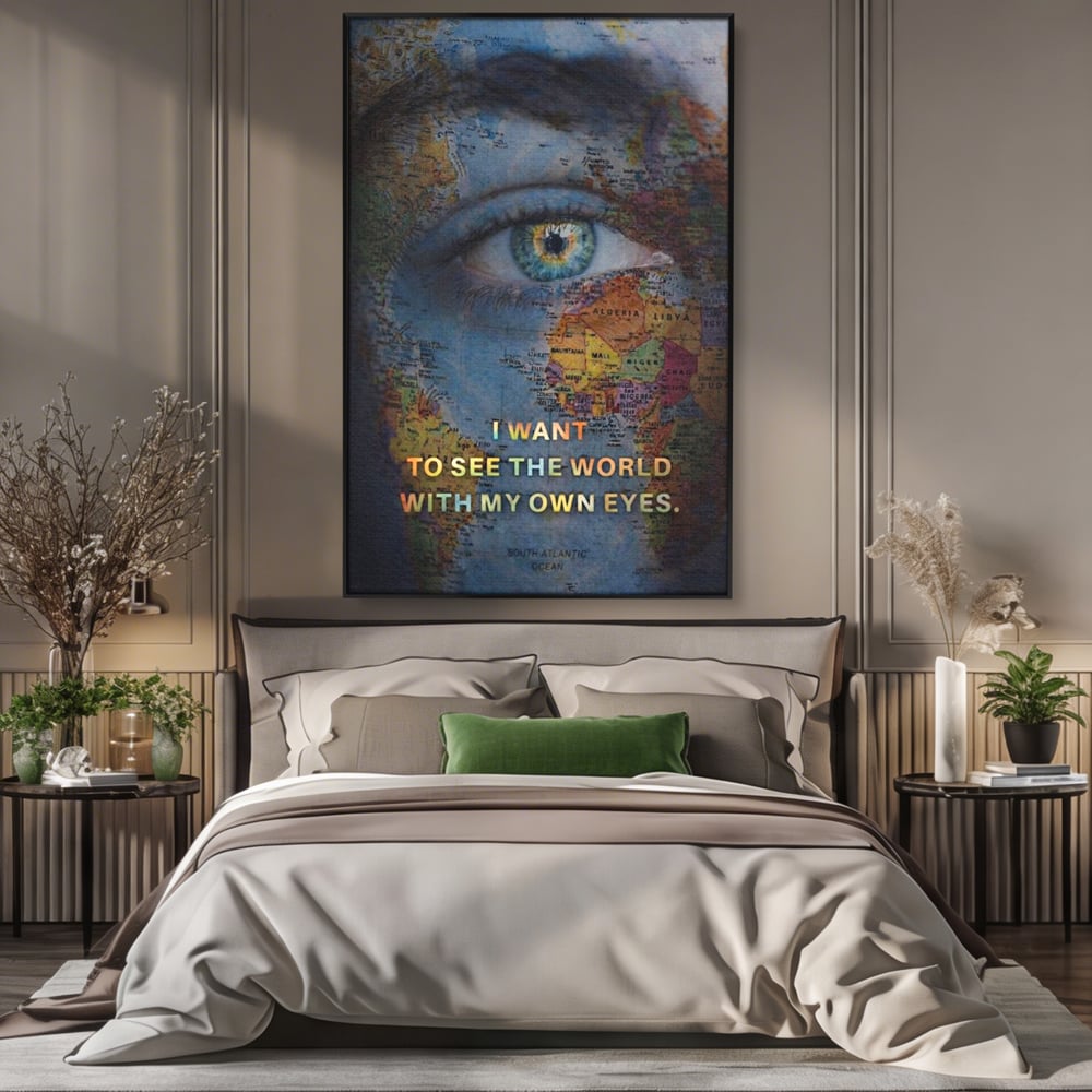 Tablou canvas cu tablou canvas cu ochi uman suprapus pe harta lumii, in rama de aluminiu negru, pe perete intr-un dormitor